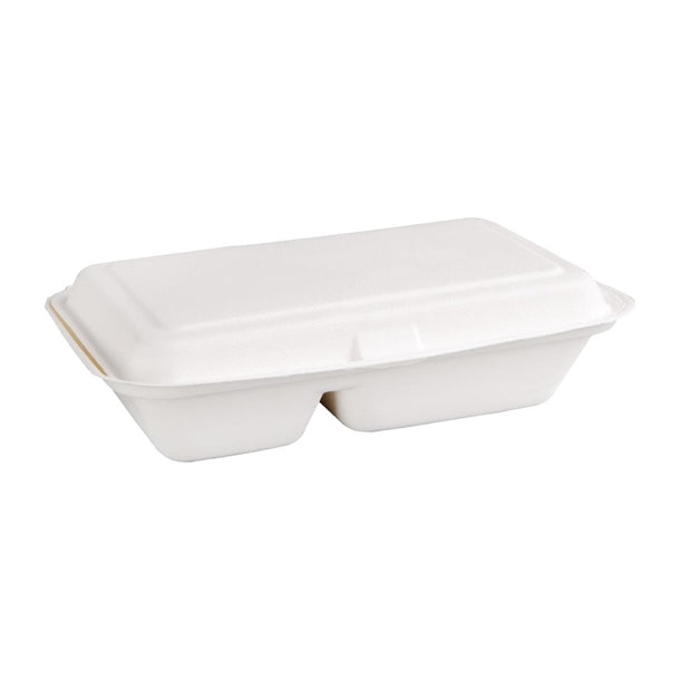 Fiesta Green Compostable Bagasse Hinged 2-Compartment Food Containers 253mm (Pack of 200)
