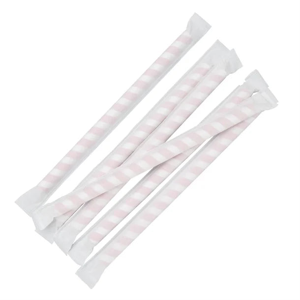 Fiesta Green Individually Wrapped Compostable Paper Smoothie Straws Red Stripes (Pack of 250)