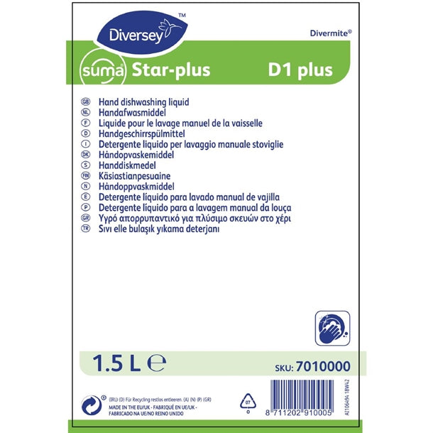 Suma Star-plus D1 Washing Up Liquid Concentrate 1.5Ltr (4 Pack)