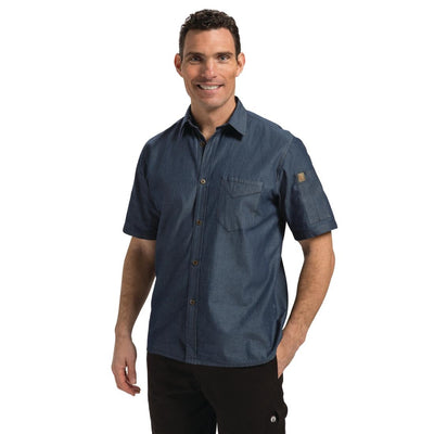 Dark Slate Gray Chef Works Detroit Unisex Denim Shirt Short Sleeve Blue